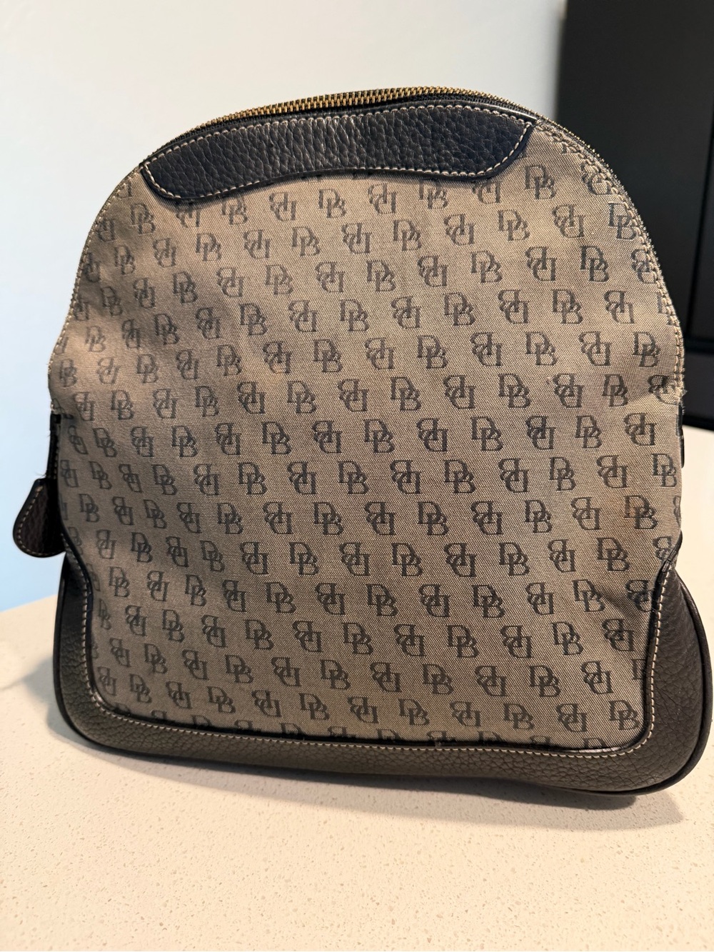 Dooney & Bourke Gray Monogram unisex Bagpack with Brown Trim